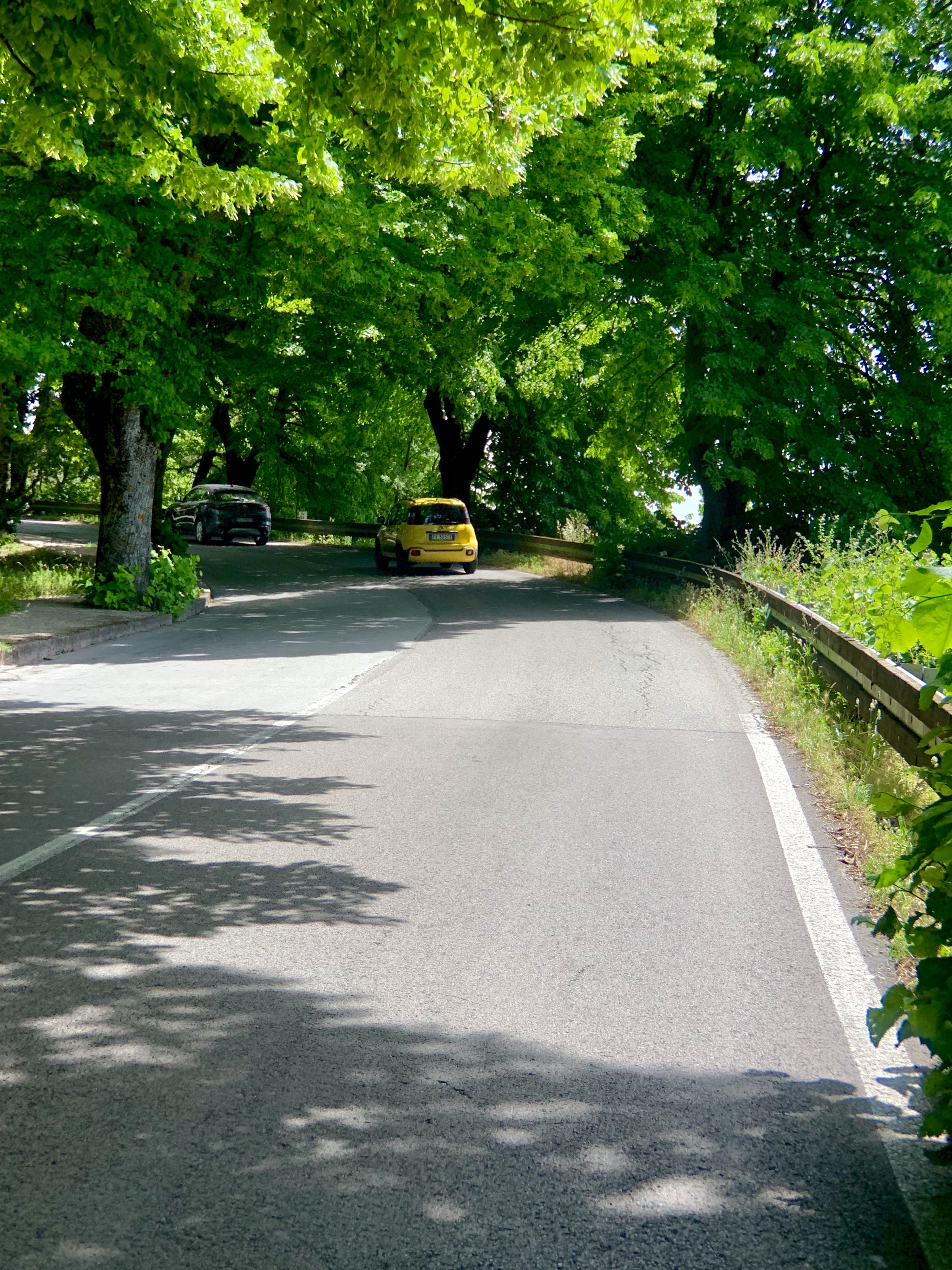 The winding road below town